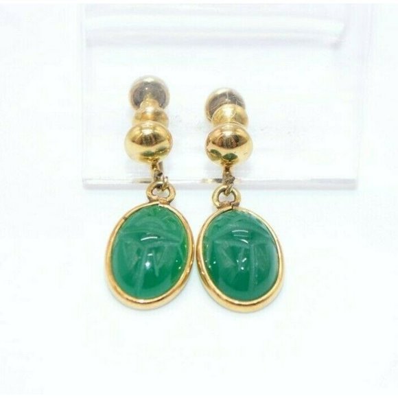 Uncas Jewelry - 12k GF Carved Stone Scarab Beetle Egyptian Revival